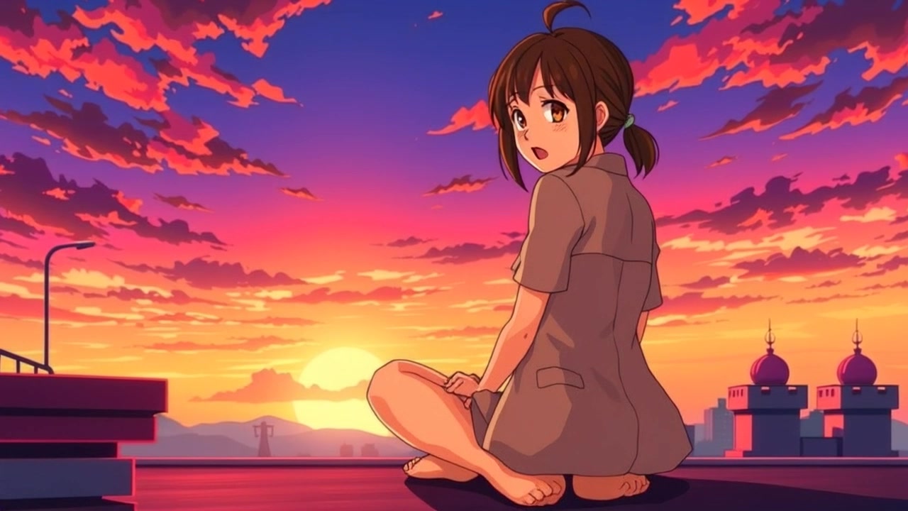 Subject: A person sitting cross-legged. Subject movement: The figure remains still, absorbed in the breathtaking sunset. Scene: Rooftop setting with a vibrant, colorful sky transitioning from orange to purple as the sun sets. Lighting: Soft, warm, ambient lighting enveloping the scene, enhancing the ethereal atmosphere. Motion: Camera pans slowly around the rooftop, capturing the scene's tranquility and the mesmerizing sky, allowing the viewer to feel the serene moment.