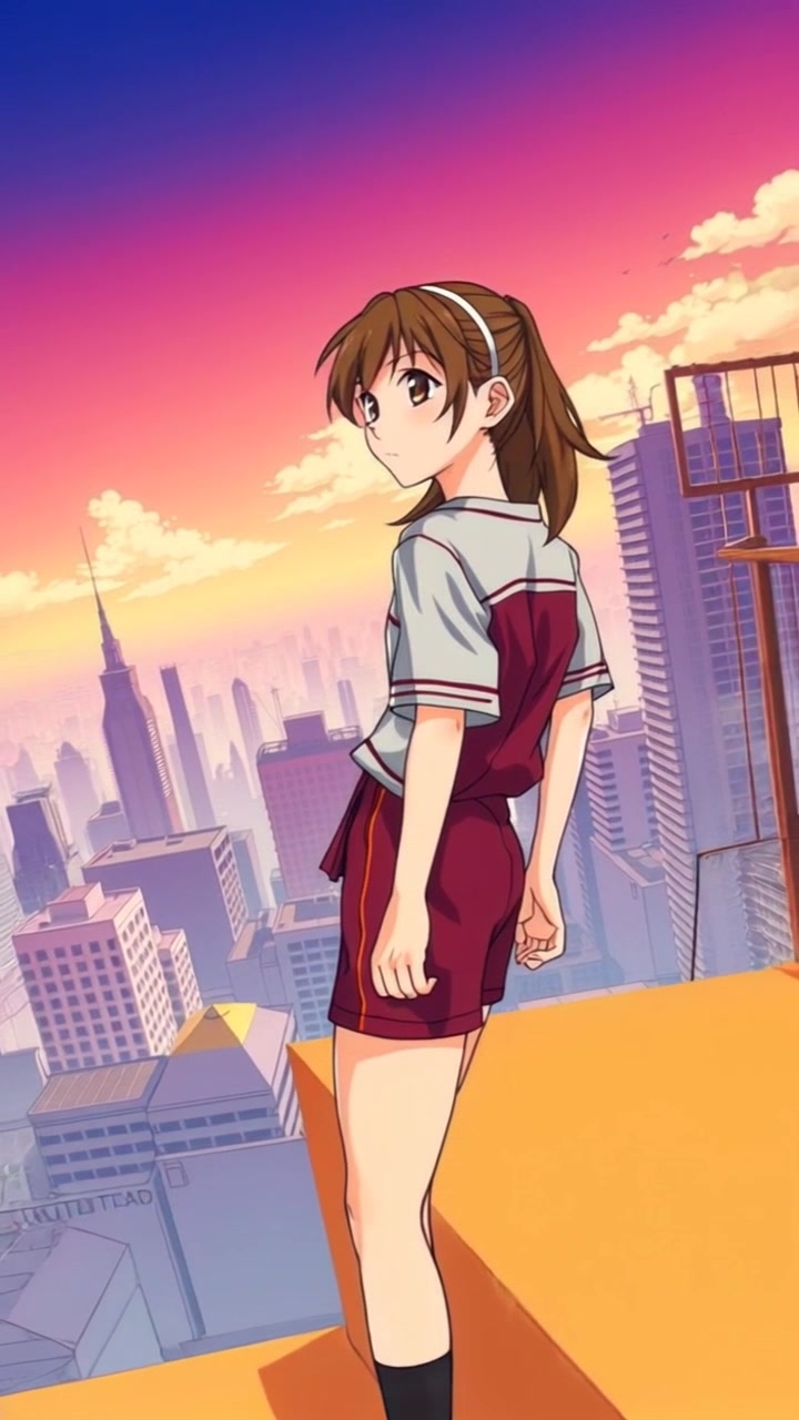 Subject: Reiko standing at the edge of a rooftop. Subject movement: She gazes out over the vast city, her hair blowing gently in the wind as she takes a deep breath, embodying a sense of determination. Scene: Rooftop overlooking a sprawling urban landscape, illuminated by the soft glow of sunset, with skyscrapers silhouetted against the colorful sky. Motion: The camera begins with a close-up of Reiko's determined expression, then pulls back smoothly to reveal the breathtaking city panorama behind her, capturing the dynamic ambiance of the moment.