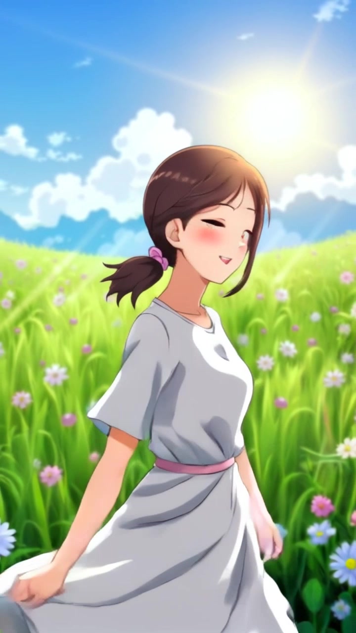 Subject: Aoi stands in a sunlit field, her warm smile radiating joy. Subject movement: She twirls gracefully, her flowing dress fanning out around her. Scene: A vibrant green field bathed in golden sunlight, dotted with wildflowers. Style: The lighting is bright and cheerful, emphasizing the warmth of the day. Motion: The camera performs a slow, sweeping pan around Aoi as she spins, capturing the beauty of the landscape and the playful movement of her dress.