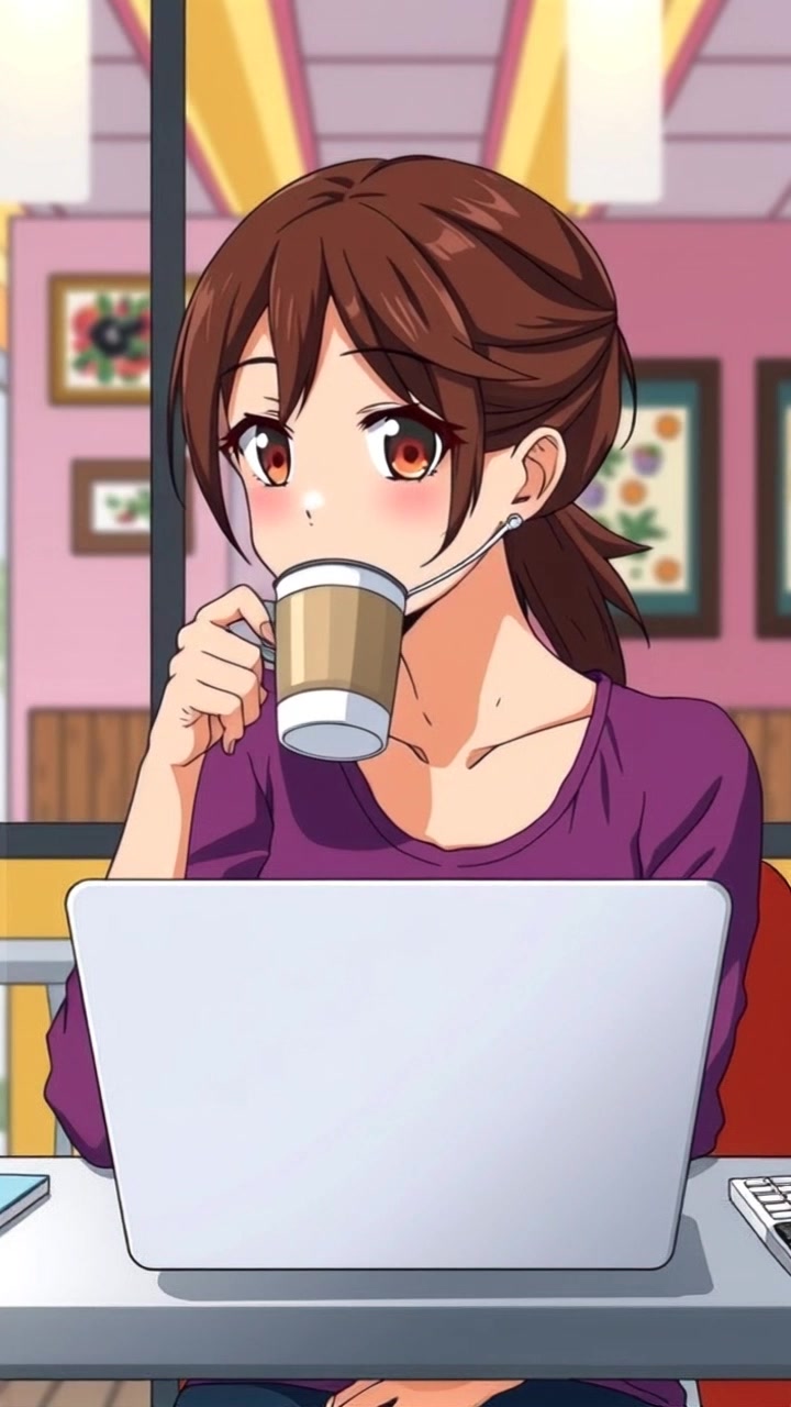 Subject: A woman sitting at a cafe, sipping coffee while focusing on her laptop. Scene: Cozy cafe interior with wooden furniture and a soft ambiance, sunlight filtering through large windows. Lighting: Warm, inviting light bathing the scene. Motion: The camera performs a gentle push-in toward the woman, capturing her contemplative expression as she takes a sip of coffee, the surrounding cafe atmosphere subtly buzzing with life.
