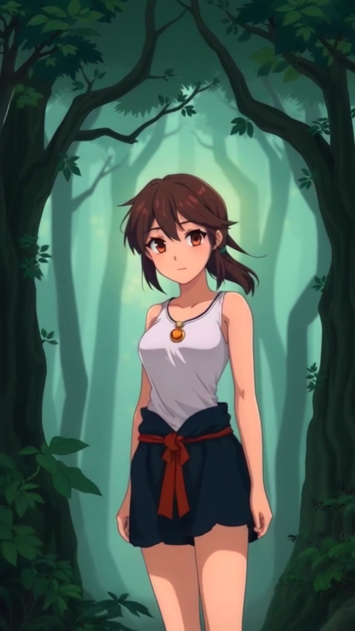 Subject: Hikari standing confidently at the entrance of a misty forest, with a glowing pendant around her neck. Subject movement: She takes a purposeful step forward into the ethereal mist that envelops the trees. Scene: A mystical, dense forest shrouded in light fog, highlighting the contrast between light and shadow. Style: Soft, diffused lighting creating an otherworldly atmosphere, with gentle beams of light piercing through the fog. Motion: The camera slowly pushes in towards Hikari as she progresses into the forest, capturing the anticipation and mystery of her journey.