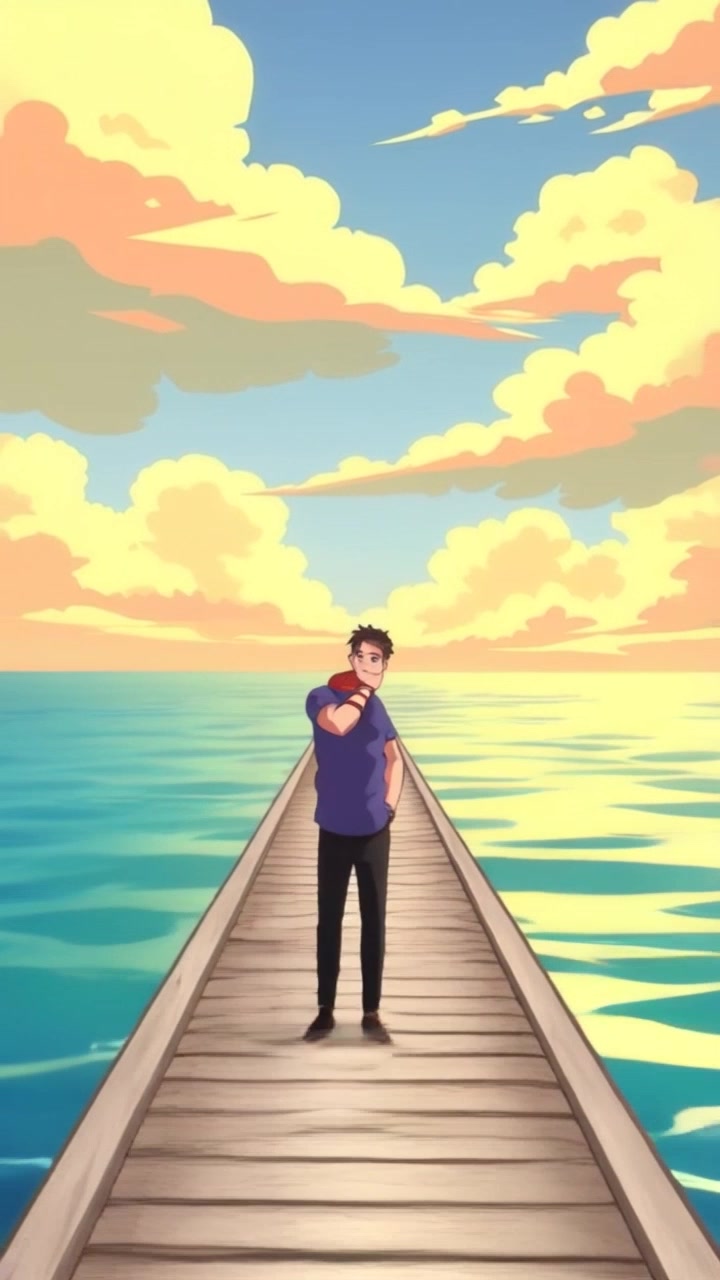 Scene: Eli standing at the end of a wooden pier, gazing contemplatively at the vast ocean under a cloudy sky. Style: Soft, diffused natural lighting with a hint of blue tones reflecting off the water. Motion: Camera gently pulls back, revealing the tranquil scene as the waves lap against the pier, creating a serene atmosphere.
