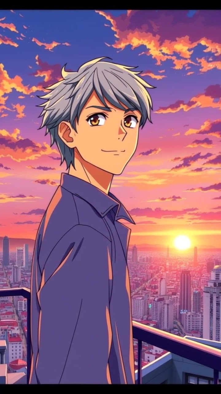 Subject: A figure standing on a balcony. Scene: John Doe gazing out over a bustling cityscape as the sun sets, casting warm hues across the sky. Lighting: The scene is drenched in golden-hour light, with the vibrant colors of the sunset blending into the skyline. Motion: The camera gently pushes in to capture the city below, as the figure takes a deep breath, soaking in the atmosphere.