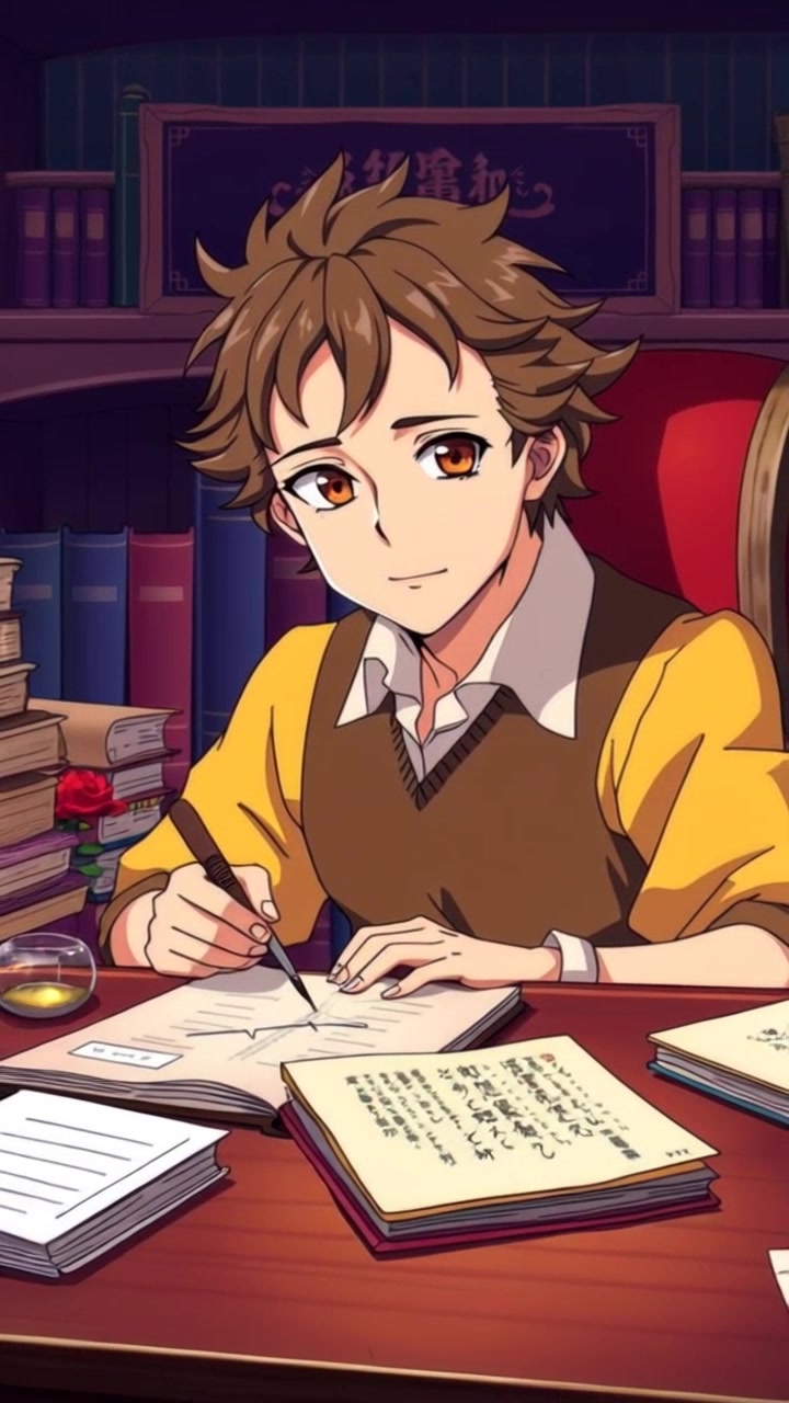 Subject: Shakespeare seated at a wooden desk, deeply focused as he writes with a quill. Subject movement: His hand glides elegantly across the parchment, while the camera slowly pans to reveal the surrounding historical books and papers scattered across the desk. Scene: A cozy, dimly lit study filled with stacks of old manuscripts and a softly flickering candle. Style: Warm, ambient lighting that casts soft shadows, creating an intimate atmosphere. Motion: The camera pulls back slightly, capturing the essence of the writing space as the sounds of ink scratching and the flickering candlelight enhance the mood of creativity.