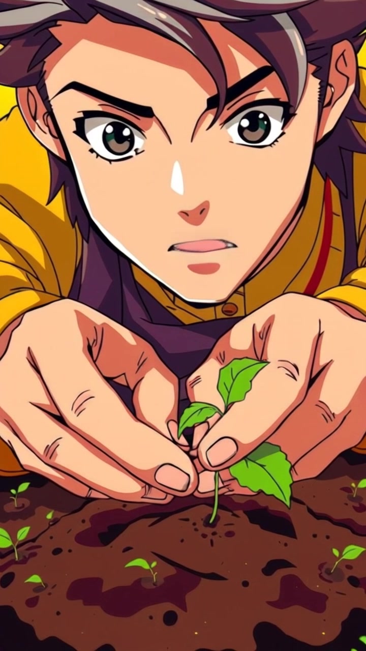 Subject: A pair of hands skillfully planting seeds into rich, dark soil. Subject movement: The hands gently push seeds into the earth, rhythmic and deliberate. Scene: Close-up view of hands working the soil in a lush garden environment, surrounded by greenery and earth. Style: Soft, natural lighting filtering through leaves, casting delicate shadows. Motion: Camera slowly zooms in on the hands as they move, capturing the texture of the soil and the moment of transformation.
