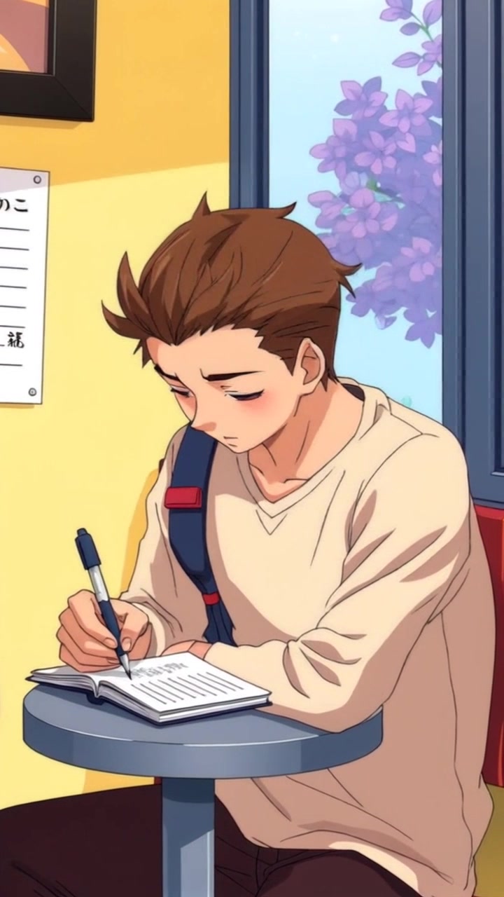 Subject: Tomo, deeply focused as he writes notes on a notepad at a small table. Subject movement: Tomo's pen gliding swiftly across the page as he occasionally glances up in deep thought. Scene: A cozy indoor setting, with warm lighting enveloping the space, creating an inviting atmosphere. Motion: The camera gently pushes in, capturing the details of Tomo's focused expression while the background softly blurs, emphasizing his concentration.