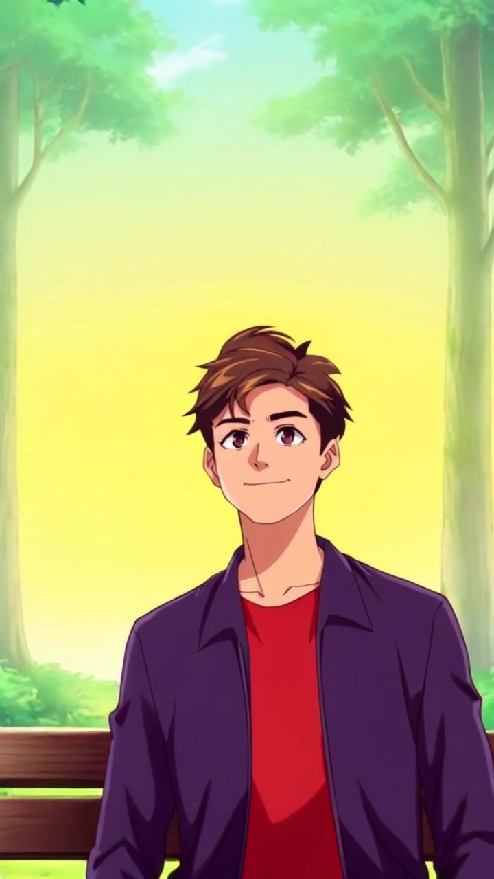 Subject: A young man named Arjun, sitting contemplatively on a park bench with a subtle smile. Scene: A serene park setting surrounded by gently swaying trees, sunlight filtering through the leaves. Motion: The camera slowly pushes in, capturing the depth of Arjun's expression as he gazes into the distance, shifting focus between his thoughtful demeanor and the soft rustle of nature around him. Lighting: Soft, ambient light creates a warm atmosphere, enhancing the tranquil mood of the moment.