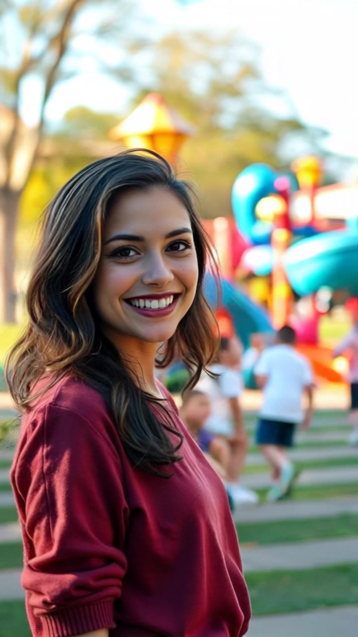 Subject: A joyful woman in a colorful park, smiling warmly as she watches children play. Subject movement: She shifts her gaze and turns her head slightly to follow the energetic movements of the kids around her. Scene: A vibrant park filled with colorful playground equipment, blooming flowers, and a clear blue sky. Style: Bright, cheerful lighting that enhances the colors of the park. Motion: The camera performs a gentle pan to capture the lively atmosphere of the park while focusing on her delightful expression.