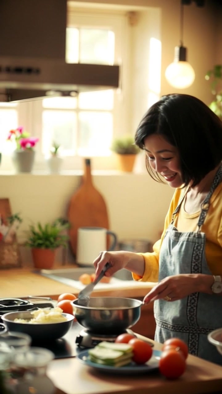 Subject: A woman cooking in a warm family kitchen. Subject movement: She stirs a pot on the stove, moving with fluidity and care. Scene: The sun shines through the window, illuminating the cozy kitchen filled with family photos and vibrant plants. Style: Soft morning light creating a tranquil, inviting atmosphere. Motion: The camera gently pans across the kitchen, capturing the woman's joyful expression and the delicious aromas wafting through the air.