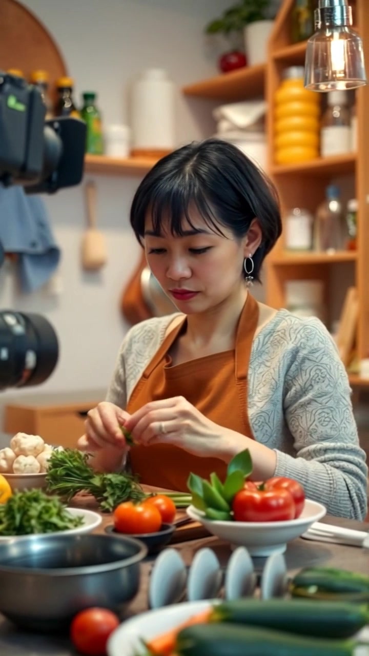 Subject: A person filming a cooking video, actively preparing ingredients on a kitchen counter. Scene: A vibrant kitchen filled with fresh vegetables, spices, and neatly arranged cooking tools. Lighting: Bright, natural light pouring in from a window, creating an inviting atmosphere. Motion: The camera performs a dynamic handheld tracking shot around the individual, capturing close-up details of the food preparation while maintaining focus on the subject's energetic movements.