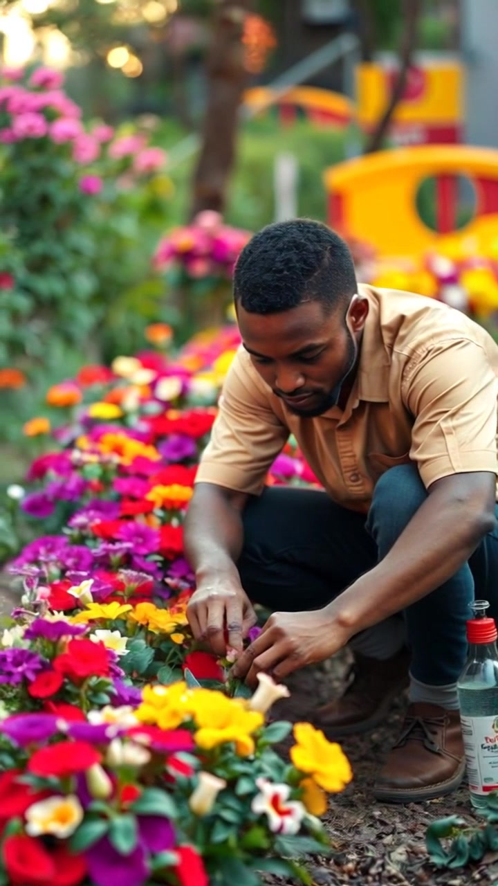 Subject: Isaiah kneeling in a lush garden, tending to vibrant flowers with gentle hands. Subject movement: Isaiah slowly adjusts the flowers, carefully pinching off dead leaves while observing the blooms. Scene: A colorful garden with abundant greenery, surrounded by blooming flowers and soft sunlight filtering through the leaves. Style: Bright, morning light casting a warm and inviting atmosphere. Motion: Camera tracks in smoothly, focusing on Isaiah's hands as he tends to the flowers, then pulls back to reveal the full beauty of the garden behind him.