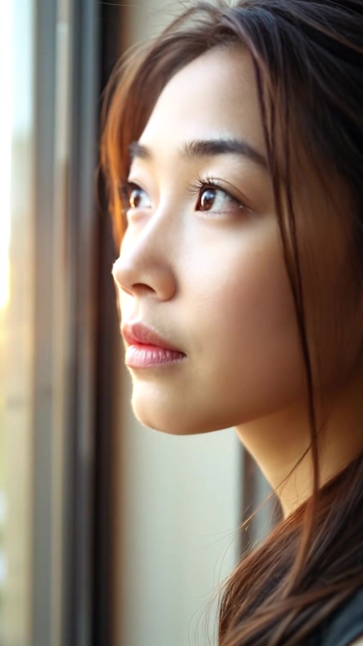 Subject: A young woman with a contemplative expression. Scene: Close-up of Mei gazing thoughtfully out a window, the soft light of a sunset casting golden hues on her face. Motion: The camera gently pushes in to capture the nuances of her expression, while the background subtly blurs, evoking a dreamy atmosphere filled with warmth and introspection.