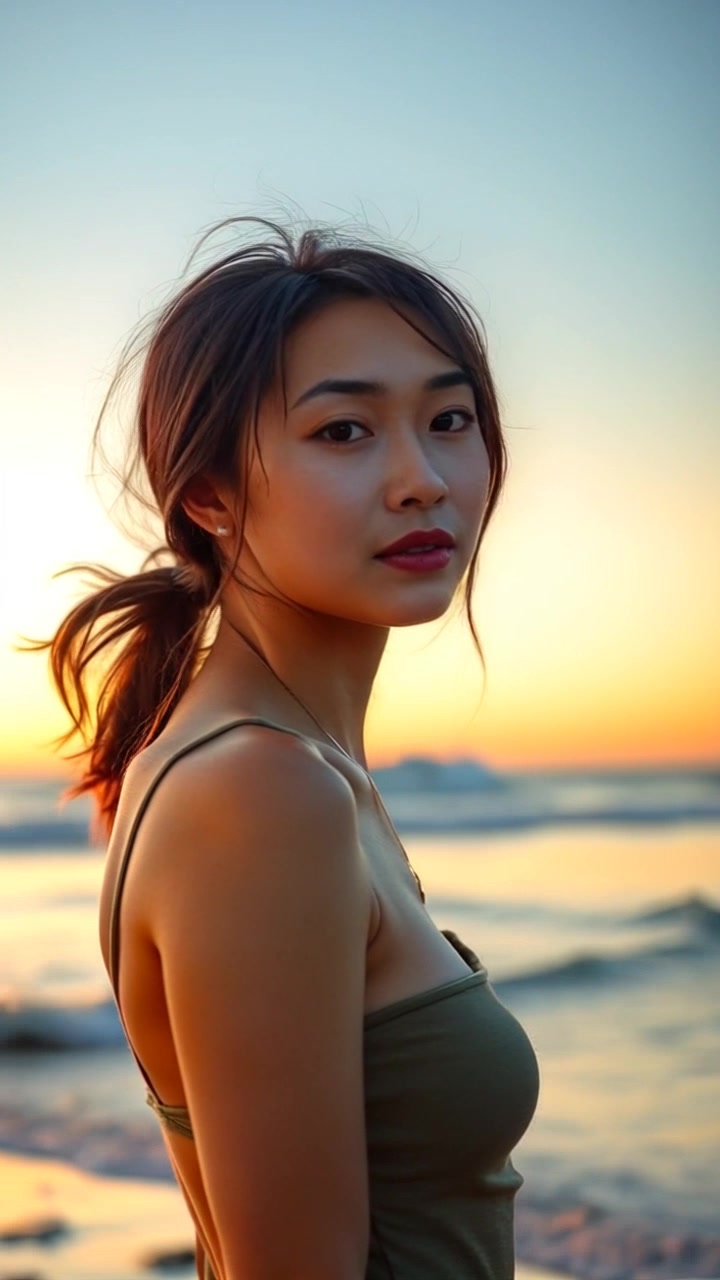 Subject: A person standing on a beach at sunset. Subject movement: The person stands still, gazing thoughtfully out at the waves. Scene: A picturesque beach with soft sand, gentle waves lapping at the shore, and a vibrant sunset casting warm hues across the sky. Lighting: The scene is bathed in the golden light of sunset, creating a serene and reflective atmosphere. Motion: Camera slowly dollies in towards the subject, capturing the beauty of the scene while emphasizing the peaceful solitude of the moment.