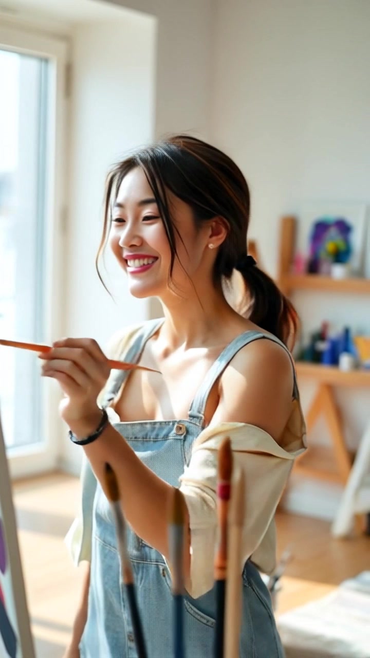 Subject: A woman joyfully painting on a canvas. Subject movement: She moves her brush gracefully across the canvas, creating fluid strokes of color. Scene: Bright, sunlit studio filled with art supplies and colorful paintings. Style: Warm, natural lighting streaming through large windows, illuminating the vibrant hues. Motion: Camera starts with a close-up of the woman's focused expression, then pans out smoothly to reveal the beautiful chaos of the studio, capturing her energetic movement as she steps back to admire her work.