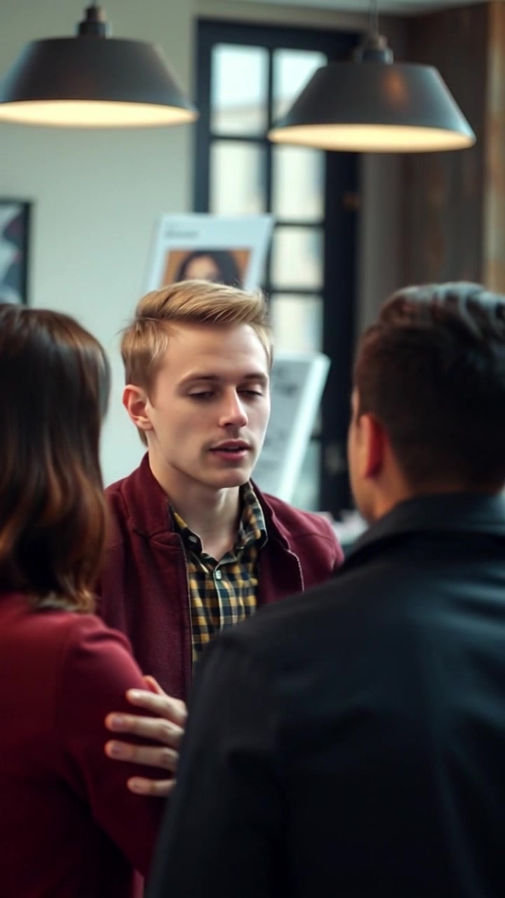 Subject: Ryan animatedly leading a discussion with supportive employees. Subject movement: Ryan gestures passionately while speaking, while the group nods and engages energetically around him. Scene: A modern office space filled with colleagues exchanging dynamic ideas amidst a circular gathering. Style: Bright, ambient lighting flooding the scene, creating a lively atmosphere. Motion: The camera performs a smooth dolly in, encapsulating the energetic exchange as it circles around the group, bringing each person into focus as they contribute.