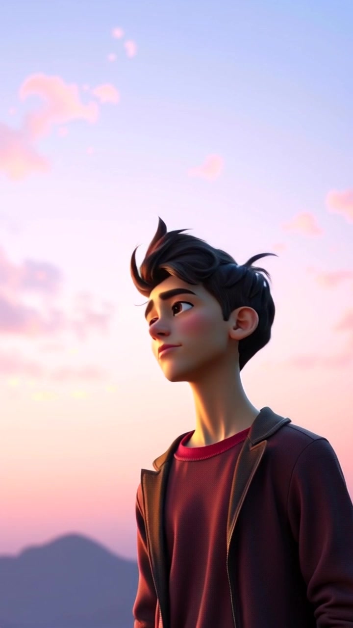 Scene: A serene vista overlooking a vast horizon, where the sky meets the earth with soft colors of dawn. Lighting: Soft morning light bathes the landscape, creating an inviting and hopeful atmosphere. Motion: Camera slowly pushes in towards the contemplative figure, capturing their thoughtful expression against the backdrop of awakening nature.