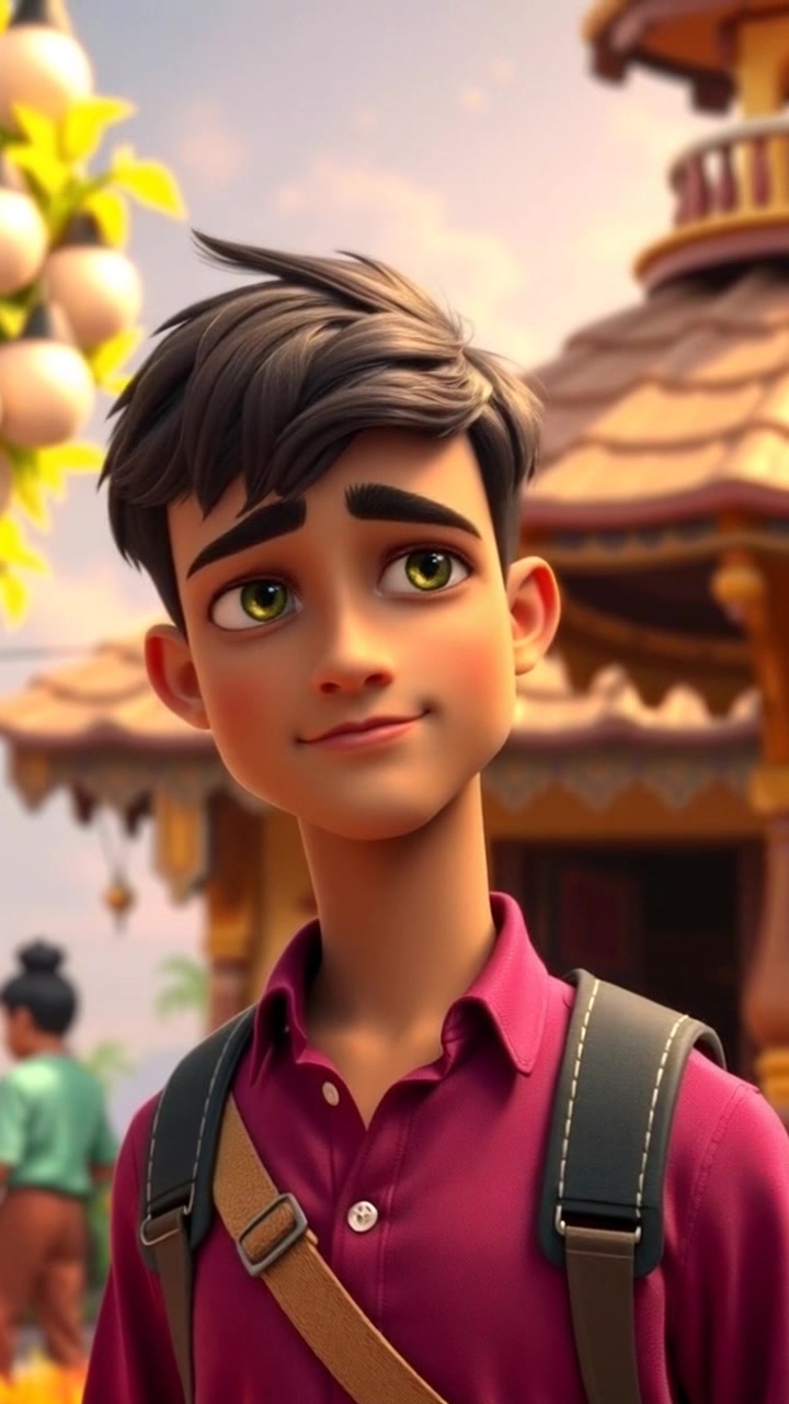 Subject: A young man standing with determination in front of his home. Scene: A quaint village backdrop with rustic houses and greenery, showing a clear sky above. Motion: The camera slowly pushes in towards him, capturing the resolve in his expression as a gentle breeze rustles the leaves around him, bathing the scene in warm morning light.