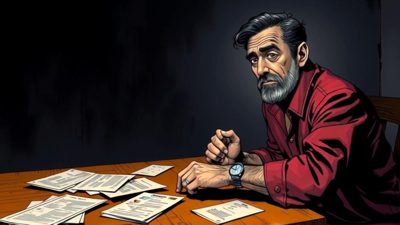 Scene: A small, simple room featuring a wooden table cluttered with scattered papers, conveying a sense of confusion and contemplation. Style: Soft ambient lighting fills the space, creating a warm and inviting atmosphere. Motion: The camera slowly pushes in on the table, focusing on the scattered papers, while a gentle tilt captures the expression of puzzlement on the subject's face.