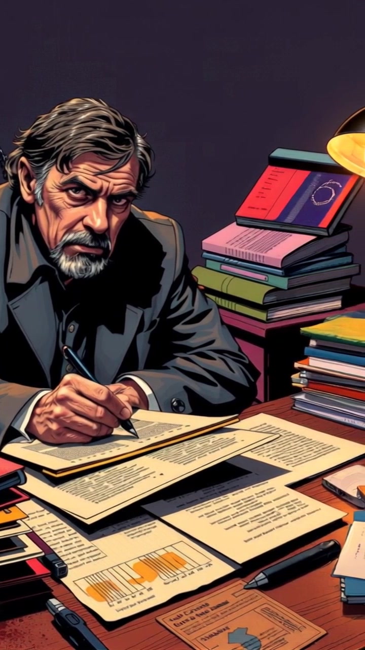 Subject: You, sitting at a desk covered in papers, writing actively with a pen in hand. Subject movement: Your hand moves swiftly across the paper, jotting down ideas as you occasionally glance at references scattered around. Scene: A cluttered workspace filled with books, notepads, and a flickering desk lamp casting a warm glow. Motion: Camera pushes in for an intimate close-up of the writing hand, then pans out to show the entire desk, revealing the creative chaos.