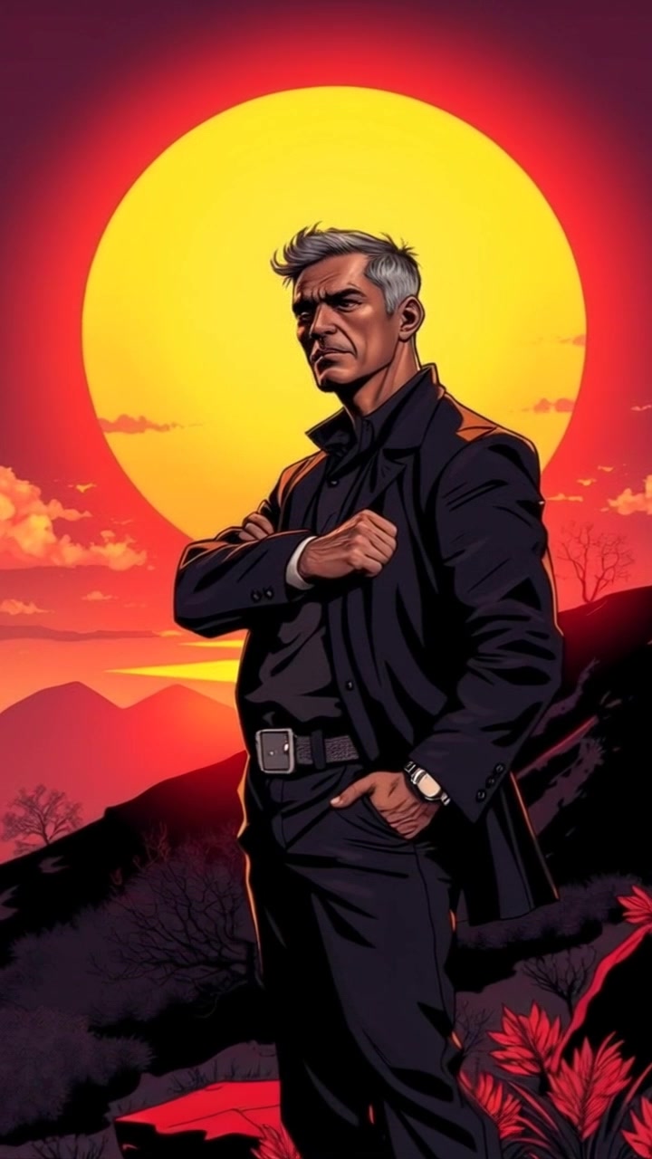 Subject: A man standing confidently on a hilltop. Subject movement: He gazes out at the sunrise, a gentle breeze rustling his clothing. Scene: Scenic hilltop overlooking a vast, colorful landscape illuminated by the early morning sun. Style: Warm golden light of sunrise, casting soft shadows across the terrain. Motion: The camera slowly pushes in, focusing on the man's reflective expression while revealing the breathtaking vista behind him, enhancing the sense of tranquility and awe.