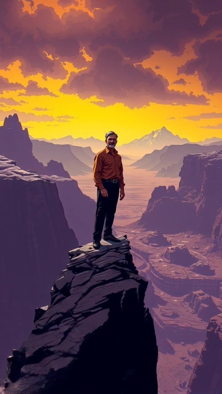 Scene: Tomanurung Karaeng Loe Ri Pakere stands proudly on a rocky cliff, gazing out over a vast, ancient landscape with majestic mountains looming in the distance. Style: Soft, ambient light reflecting off the rocky surfaces, creating a tranquil yet powerful atmosphere. Motion: The camera begins with a close-up on the figure, then slowly pulls back, revealing the breathtaking expanse of the landscape while maintaining a smooth, cinematic flow.