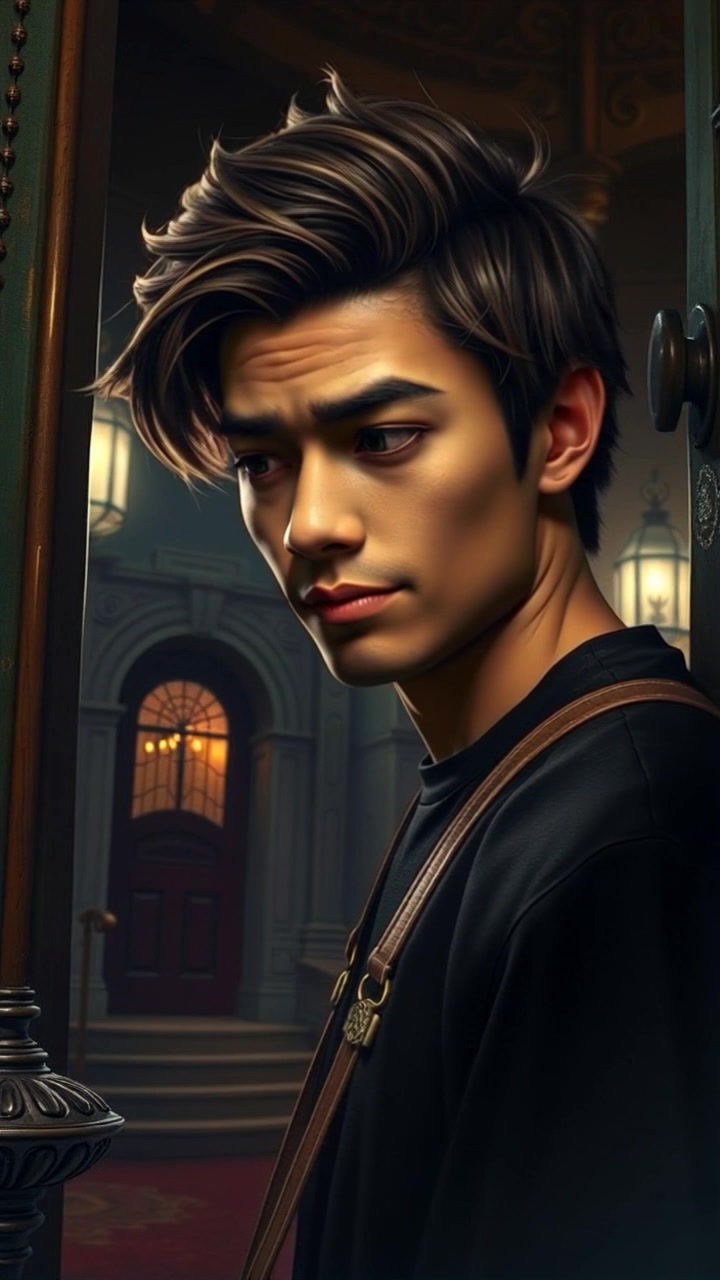 Subject: A person named Amit entering a mansion. Subject movement: Amit walks slowly through the grand entrance, curiosity evident in his expression as he explores the darkened hallway. Scene: A luxurious mansion at night, with dimly lit chandeliers casting soft shadows on the ornate decor. Style: Ambient lighting creates a mysterious and slightly eerie atmosphere, enhancing the sense of curiosity. Motion: The camera follows Amit with a smooth tracking shot, capturing his hesitant steps and close-ups of intricate details in the mansion's architecture.