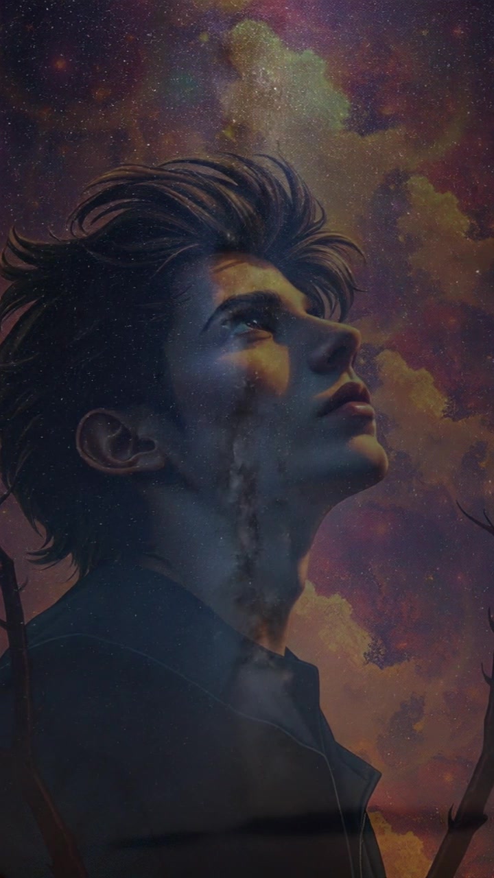 Scene: A serene night sky filled with countless stars twinkling against a dark backdrop. Style: Soft ambient lighting that highlights the vastness of the cosmos. Motion: The camera slowly pans across the sky, capturing the twinkling stars while transitioning from a close-up of the person's thoughtful expression to the expansive universe above, evoking a sense of wonder.