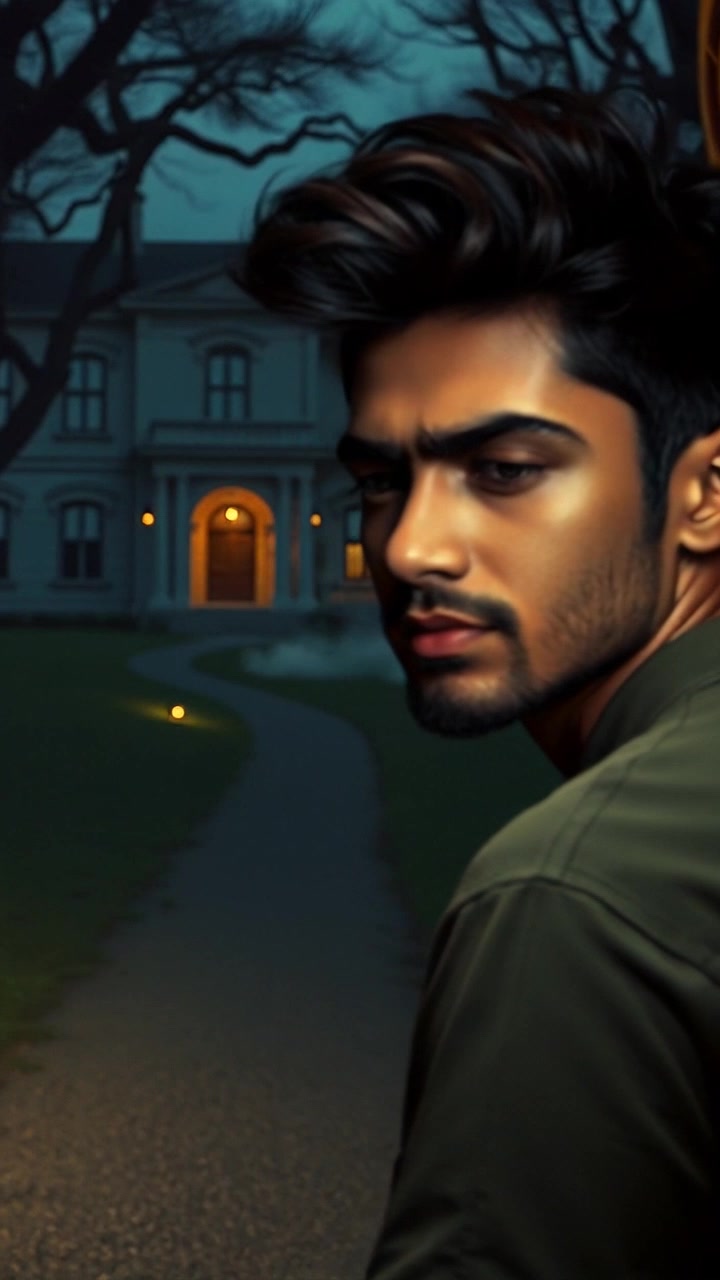 Scene: An eerie mansion shrouded in shadows, surrounded by gnarled trees under a moonlit sky, setting a foreboding atmosphere. Style: Dimly lit with flickering shadows casting unsettling shapes on the mansion's facade. Motion: The camera slowly dollies in towards the mansion, revealing intricate details of its architecture, while a slight fog drifts ominously around the entrance.