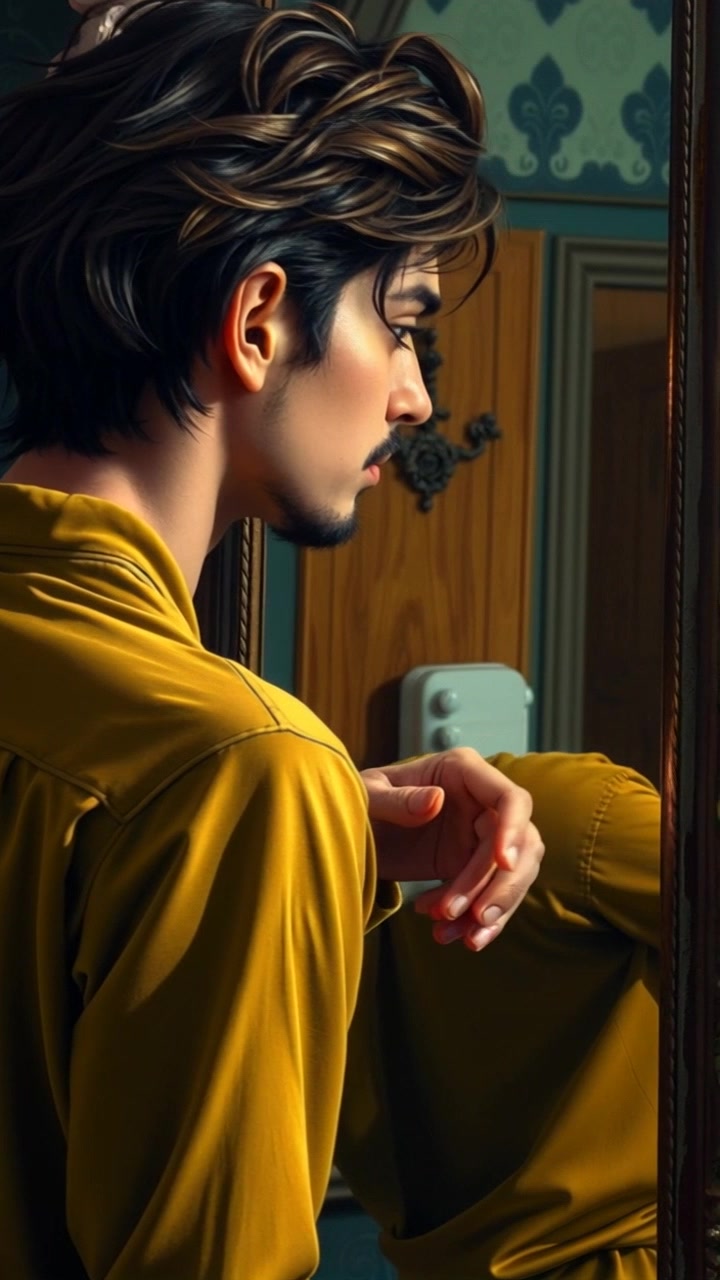Scene: An antique mirror reflecting a dimly lit room, with an air of mystery as you stand close, listening intently for an unknown voice. Style: Soft, ambient lighting, highlighting the ornate details of the mirror and casting subtle shadows. Motion: The camera slowly zooms in on the mirror's reflective surface while gently panning around, creating an atmosphere of suspense and intrigue.