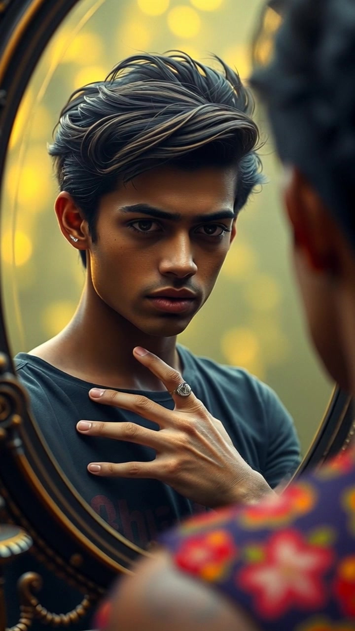 Subject: Raden Agung standing contemplatively in front of a mirror, gazing intently at his reflection. Subject movement: He shifts slightly, tilting his head as if pondering deeply his thoughts and identity. Scene: A softly lit, intimate room adorned with rich fabrics and warm, welcoming decor. Style: Ambient lighting creates a serene and reflective atmosphere as it casts gentle shadows around the space. Motion: The camera slowly pushes in on Raden Agung, capturing the nuances of his expression and the intricacies of the mirror's reflection, enhancing the mood of introspection.