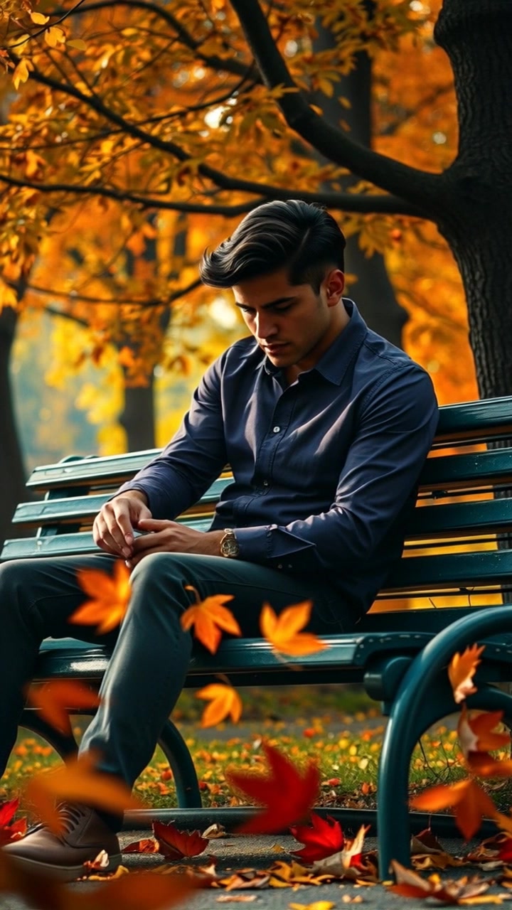 Subject: A young man sitting on a park bench, looking contemplatively at the ground, surrounded by autumn leaves. Subject movement: The young man shifts slightly in posture, deep in thought, a gentle breeze rustling the fallen leaves around him. Scene: A serene park setting, vibrant with shades of orange, red, and yellow from the autumn foliage. Style: Soft, warm lighting captures the essence of a late afternoon in fall, enhancing the tranquil atmosphere. Motion: The camera slowly pushes in towards the young man, focusing on the intricate details of the leaves as they flutter gently on the ground, creating a sense of intimacy and introspection.