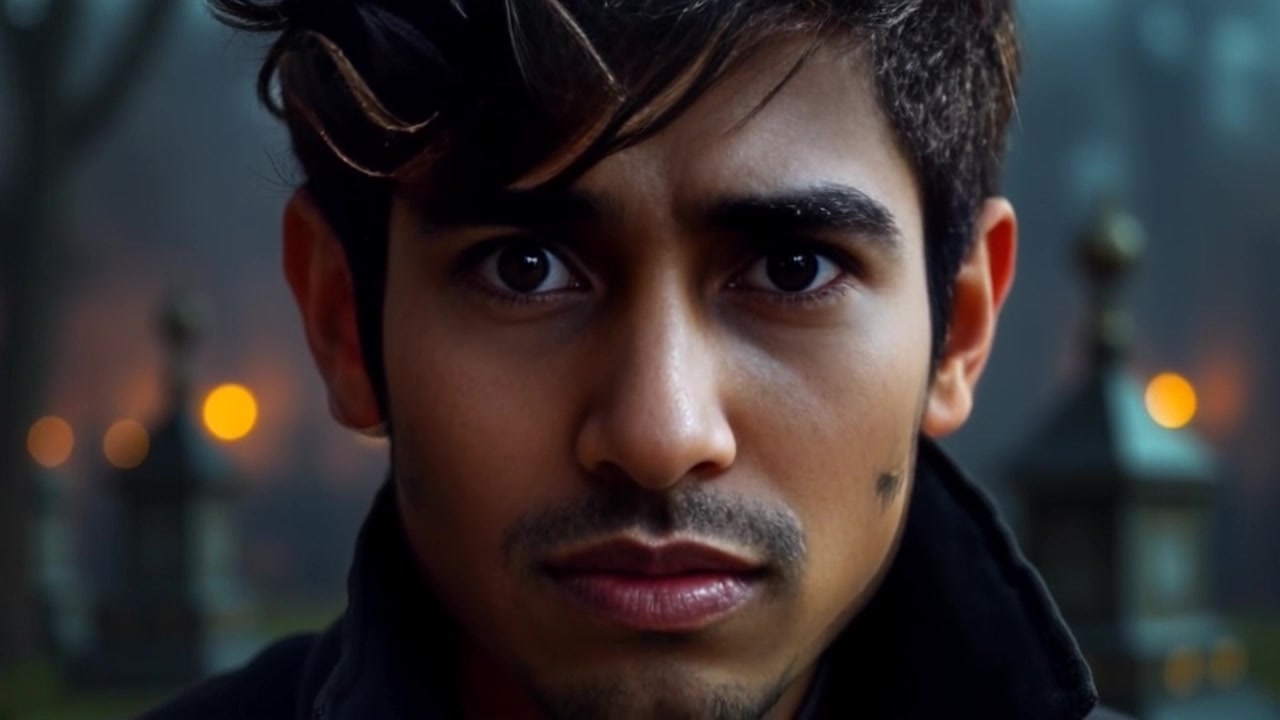 Subject: A person displaying a mix of fear and curiosity. Subject movement: The person's face shifts subtly, eyebrows raising and eyes widening as they process their surroundings. Scene: Close-up of Arjun's face against a blurred, ominous background that hints at the source of their emotions. Style: Dramatic lighting that casts sharp shadows, increasing the tension in the atmosphere. Motion: The camera gently pulls back to reveal more of the scene, highlighting the contrast between the subject's intense expression and the looming threat in the background.