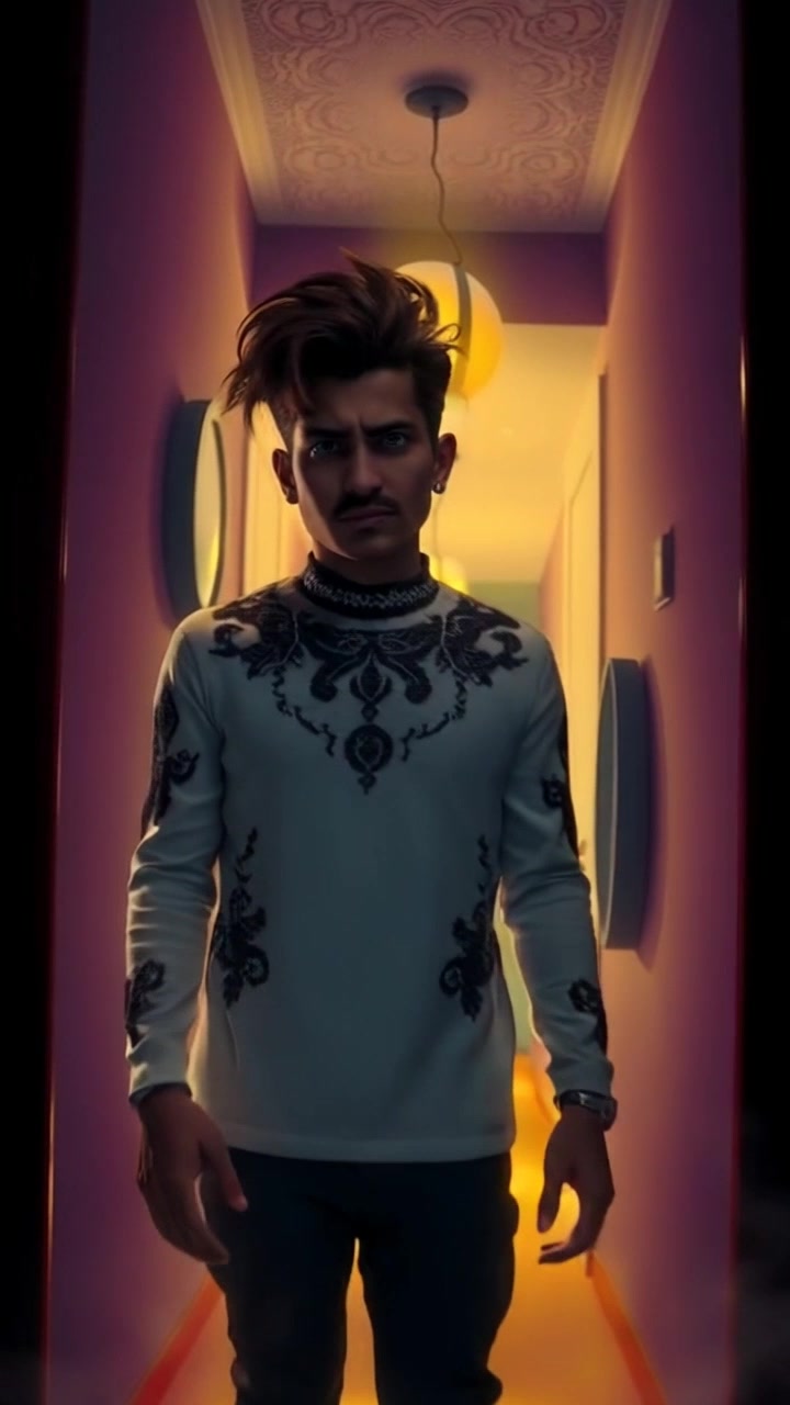Subject: A young person standing frozen in a dimly lit hallway, looking frightened and confused. Subject movement: The subject remains still, with eyes wide and body tense. Scene: The eerie hallway is illuminated by flickering overhead lights casting long shadows, with peeling wallpaper and faint, ominous sounds in the background. Style: Low-key lighting creates a tense atmosphere, enhancing the sense of fear. Motion: The camera slowly zooms in on the subject's face, capturing the raw emotion as subtle ambient sounds build tension.