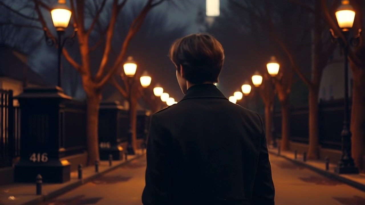 Subject: A person walking alone. Subject movement: The figure strolls steadily down a quiet street, illuminated by flickering streetlights, creating a serene ambiance. Scene: A tranquil nighttime street scene lined with dimly lit lampposts and shadows stretching across the pavement. Style: Soft, ambient streetlight glow, creating a calm and introspective atmosphere. Motion: The camera tracks smoothly from behind as the person walks, capturing the stillness of the night and the gentle sway of the streetlights overhead.