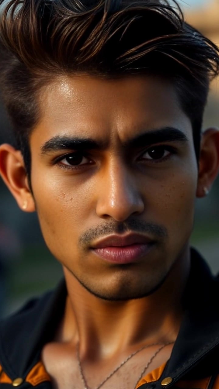 Subject: A close-up of an intense face full of determination, beads of sweat glistening on the forehead. Scene: Urban street environment, vague hints of blurred figures in the background, indicating a bustling atmosphere. Style: Early evening lighting with a dramatic flair, casting shadows that enhance the emotional gravity of the moment. Motion: The camera slowly pushes in closer to the face, capturing the intensity of the expression, while the background subtly shifts to convey movement and urgency.