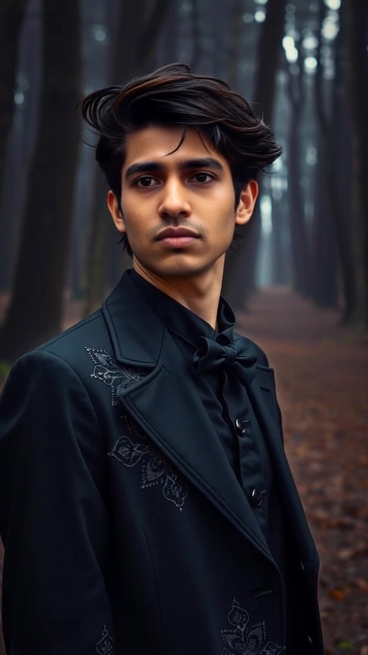 Subject: A young man standing at the edge of a dark forest. Subject movement: He stands resolutely, peering into the depths of the woods as the wind gently rustles through the trees. Scene: Dark, ominous forest with towering trees and a dimly lit path ahead. Style: Low light with moody undertones, creating a sense of mystery and anticipation. Motion: Camera slowly pushes in towards the young man, capturing the intensity in his expression as the forest looms behind him, enhancing the atmosphere of determination and suspense.