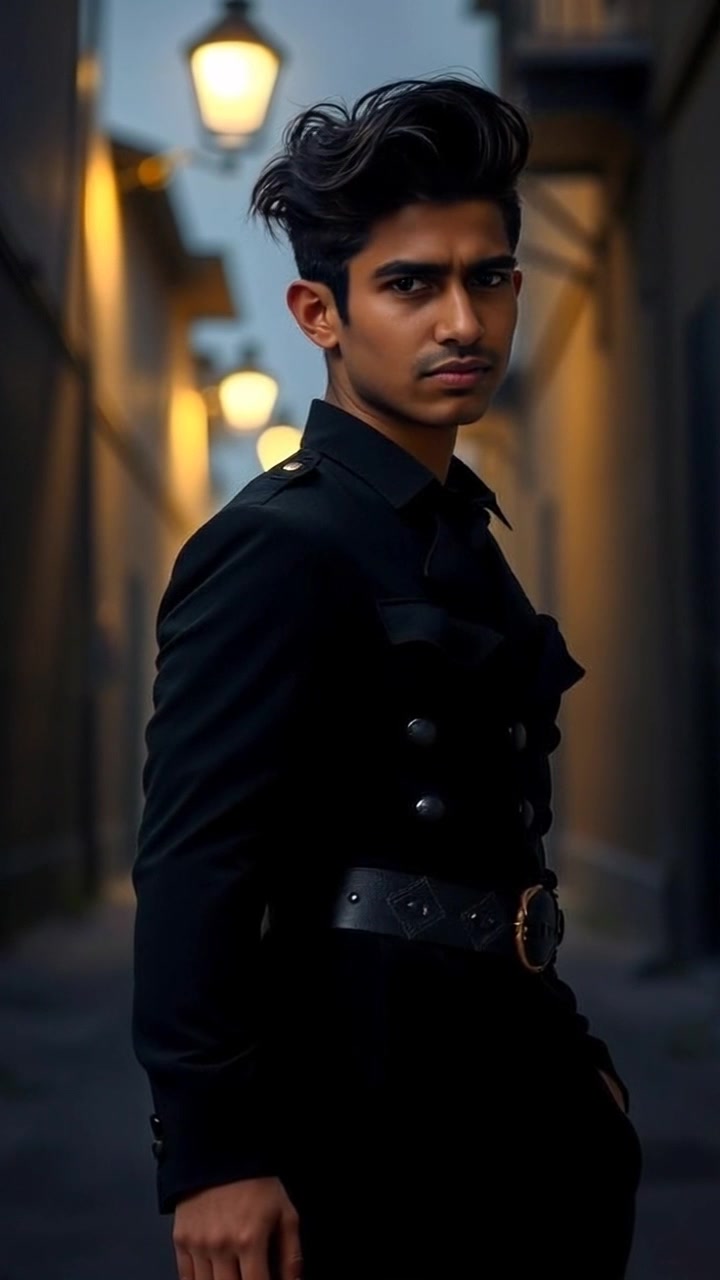 Subject: Arjun standing alone in a dimly lit alley, exhibiting an anxious demeanor amidst looming shadows. Scene: A narrow, shadowy alley with rough brick walls, dimly illuminated by a distant streetlight. Style: Moody lighting with deep contrasts creating a tension-filled atmosphere. Motion: The camera slowly dolly zooms towards Arjun, capturing the weight of the shadows around him as his expression conveys rising apprehension.