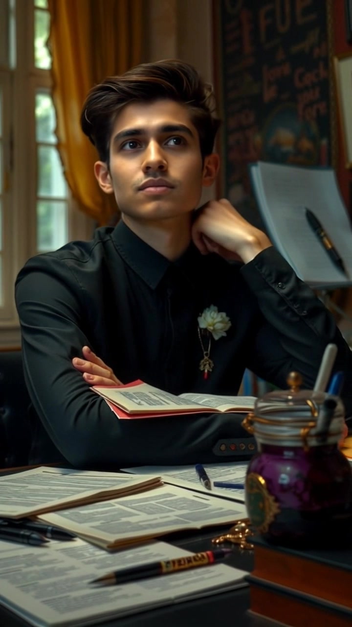 Subject: A person sitting alone at a desk. Subject movement: The person shifts pensively, looking up occasionally as if lost in thought, with papers scattered around. Scene: A cozy, dimly lit study with warm wood accents and bookshelves in the background. Style: Soft, ambient lighting creating an intimate atmosphere, highlighting the clutter of papers. Motion: The camera slowly dollies in, capturing a closeup of the person's expression, then gently pulls back to reveal more of the desk's surroundings, providing context to their thoughtful solitude.