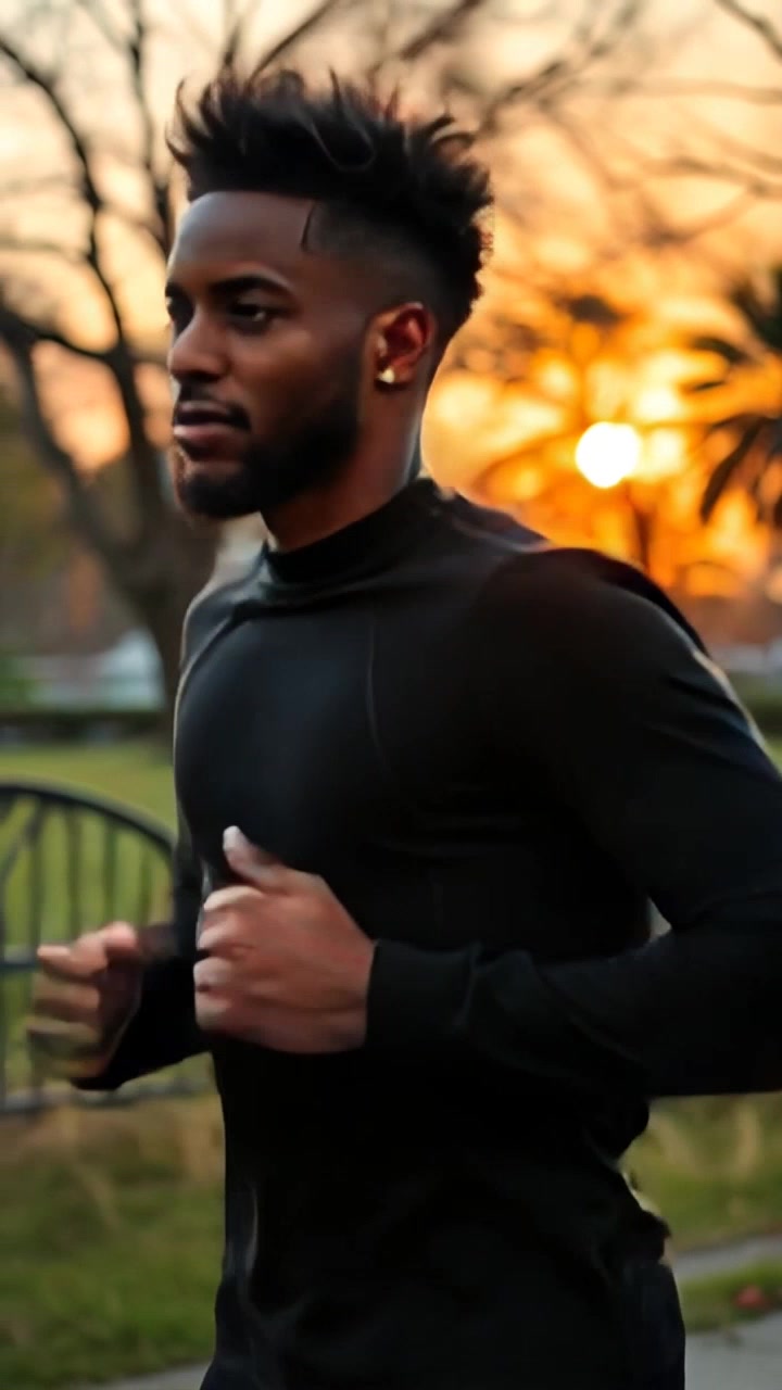 Subject: A person jogging. Subject movement: The individual jogs energetically along a winding path in the park, arms pumping rhythmically. Scene: A serene park at sunrise, with soft golden light filtering through the trees, illuminating the fresh morning dew on the grass. Motion: A handheld camera tracks closely alongside the jogger, capturing the lively atmosphere and the gentle rustling of leaves in the morning breeze.