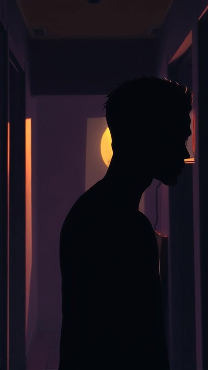 Scene: A darkened hallway in a home, with eerie shadows flitting across the walls, creating a sense of unease. Style: Dim lighting with flickering shadows, enhancing the mysterious atmosphere. Motion: The camera glides slowly through the hallway, capturing the shifting shadows and subtle details, evoking a haunting feeling.