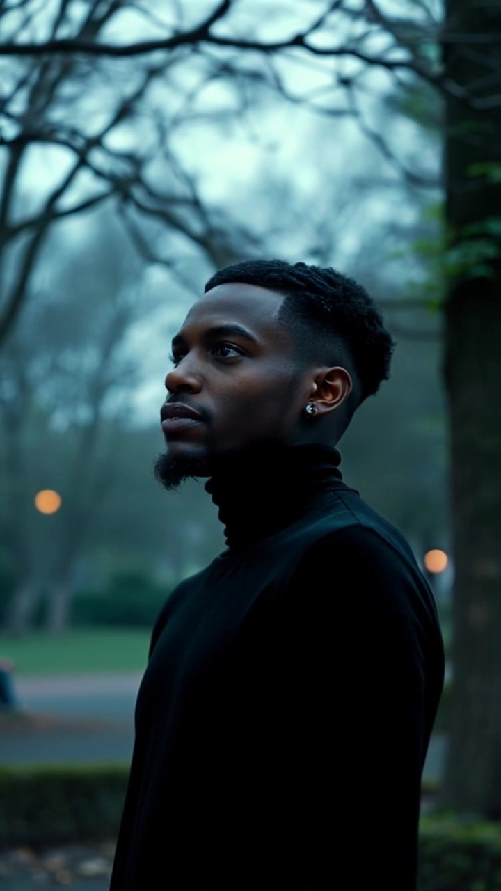 Subject: A person standing still in a serene park. Scene: Isaiah surrounded by lush trees, deep in contemplation amidst the tranquility of nature. Style: Soft, ambient lighting filtering through the leaves, creating dappled patterns on the ground. Motion: Camera slowly pans around Isaiah, capturing the peaceful atmosphere and the gentle rustle of leaves in the breeze.