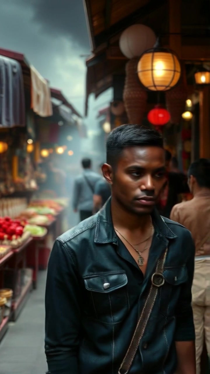 Scene: A bustling street market in Indonesia, filled with vibrant vendors selling an array of goods while locals negotiate animatedly. Style: Bright, cheerful lighting with vivid colors and rich textures showcasing the market's liveliness. Motion: Camera weaves through the crowd, capturing the dynamic energy of the market from various angles, smoothly panning to highlight the interactions between people and vendors.