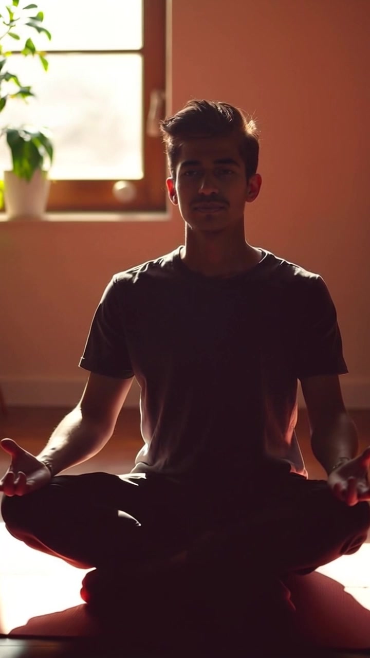 Subject: A person meditating peacefully. Subject movement: The person sits cross-legged, taking slow, deep breaths, with a calm expression. Scene: A serene room filled with soft natural light, surrounded by gentle decor and plants that enhance the atmosphere. Style: Warm, inviting lighting creating a tranquil mood. Motion: Camera slowly dolly in on the meditating figure, capturing the stillness and serenity of the moment.