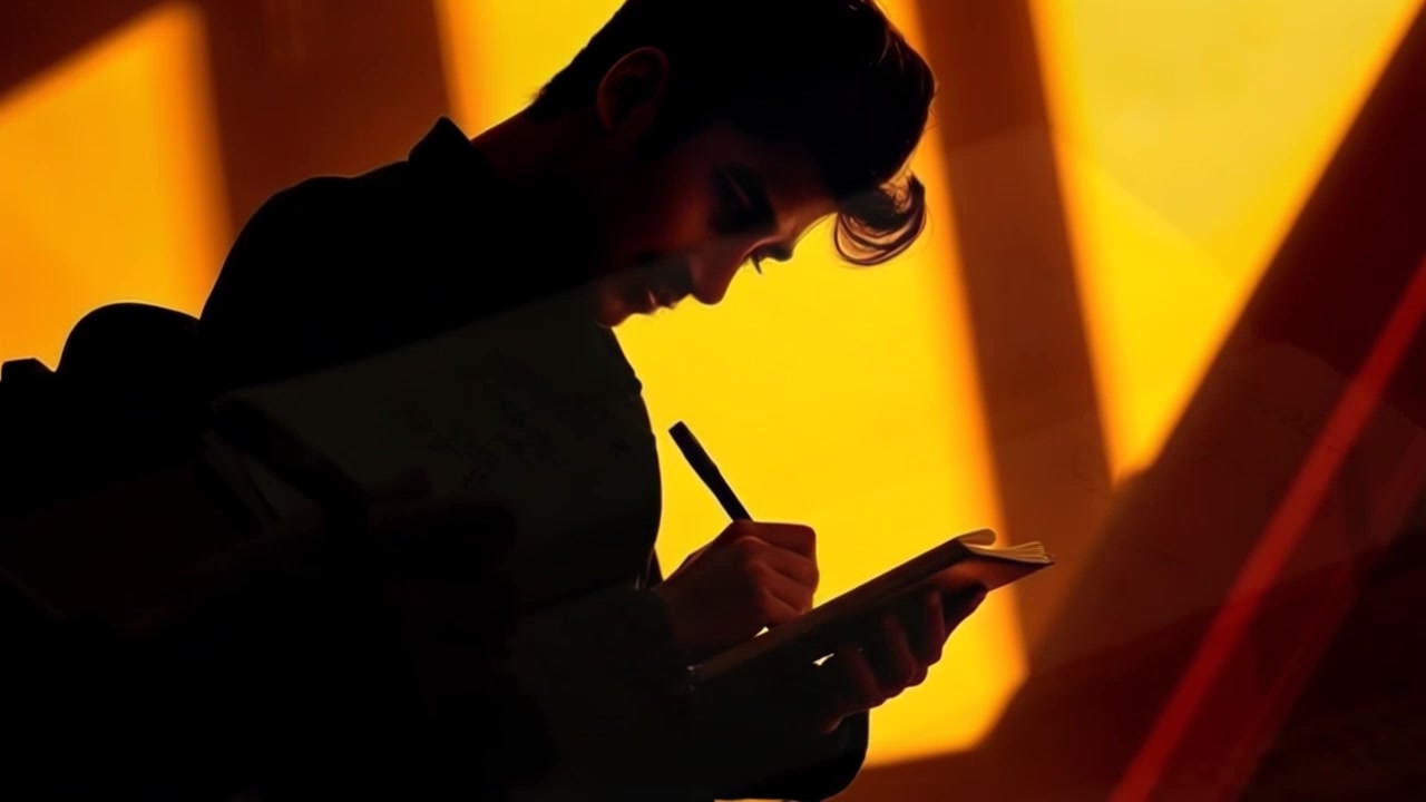Subject: A young man writing intently in a notebook filled with plans for his future dreams. Subject movement: The man's pen glides smoothly across the page, capturing the flow of his thoughts. Scene: Cozy, well-lit study with shelves of books and a warm ambient glow from a desk lamp. Style: Soft, inviting lighting that fosters a sense of focus and creativity. Motion: Camera slowly zooms in on the notebook, revealing the handwritten dreams, while the background softly blurs to highlight the man's determination.