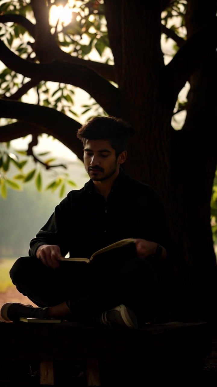Subject: Ramu sitting cross-legged under a large tree, looking contemplative. Subject movement: Ramu gently turns the pages of his notebook, reflecting thoughtfully on his writings. Scene: A serene forest glade with sunlight filtering through the leaves of the large tree, casting dappled shadows on the ground. Style: Soft, filtered light creating a peaceful atmosphere, with hints of green and brown. Motion: Camera slowly circles around Ramu, capturing the moment of introspection and the tranquility of the setting.