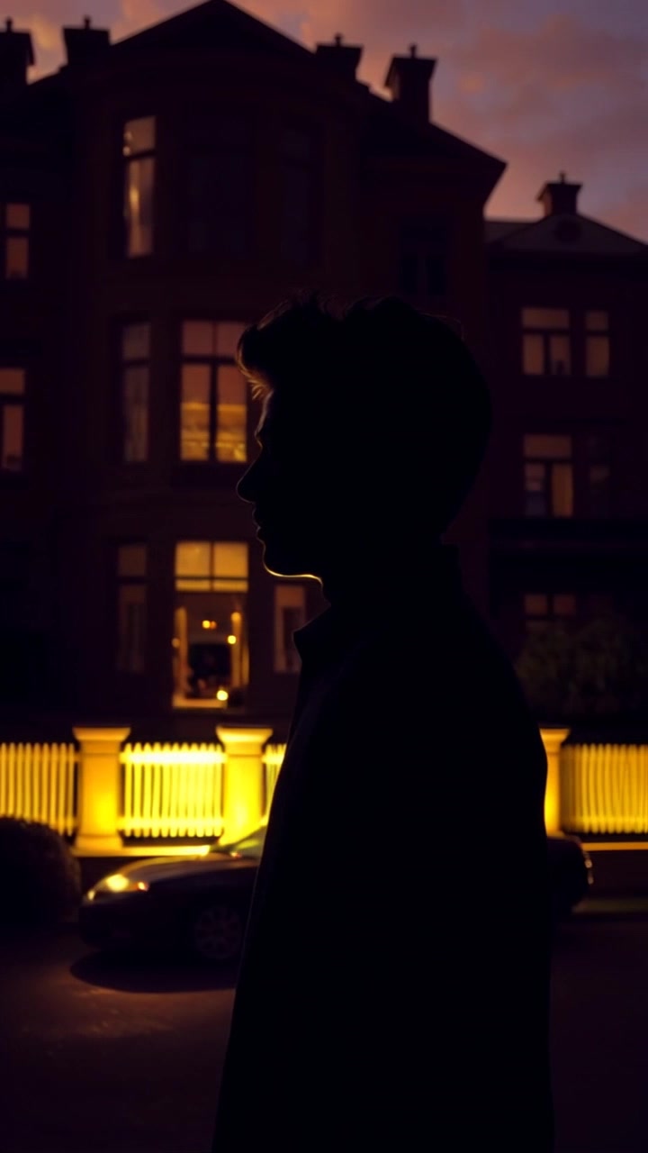 Subject: A person standing outside a grand mansion. Subject movement: The individual shifts slightly from side to side, displaying a concerned expression while gazing into the distance. Scene: An elegant mansion surrounded by manicured lawns, with tall trees framing the entrance, under a slightly overcast sky. Lighting: Soft, diffused light enhances the atmosphere, creating a subtle tension. Motion: The camera slowly pans around the individual, capturing the mansion's grandeur and the contrast of their worried demeanor against the opulent surroundings.