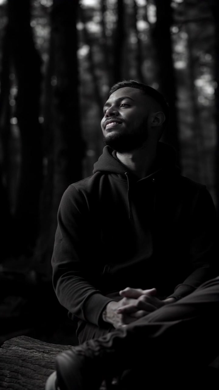Subject: A person sitting on a log in a serene forest. Subject movement: The person takes a deep breath, visibly relaxing while enjoying the tranquility of the surroundings. Scene: A peaceful forest glade with soft sunlight filtering through the trees, casting gentle shadows. Style: Warm, dappled sunlight enhancing the lush greenery and creating a calm atmosphere. Motion: The camera slowly pushes in, capturing the person's peaceful expression as the forest rustles subtly in the background.