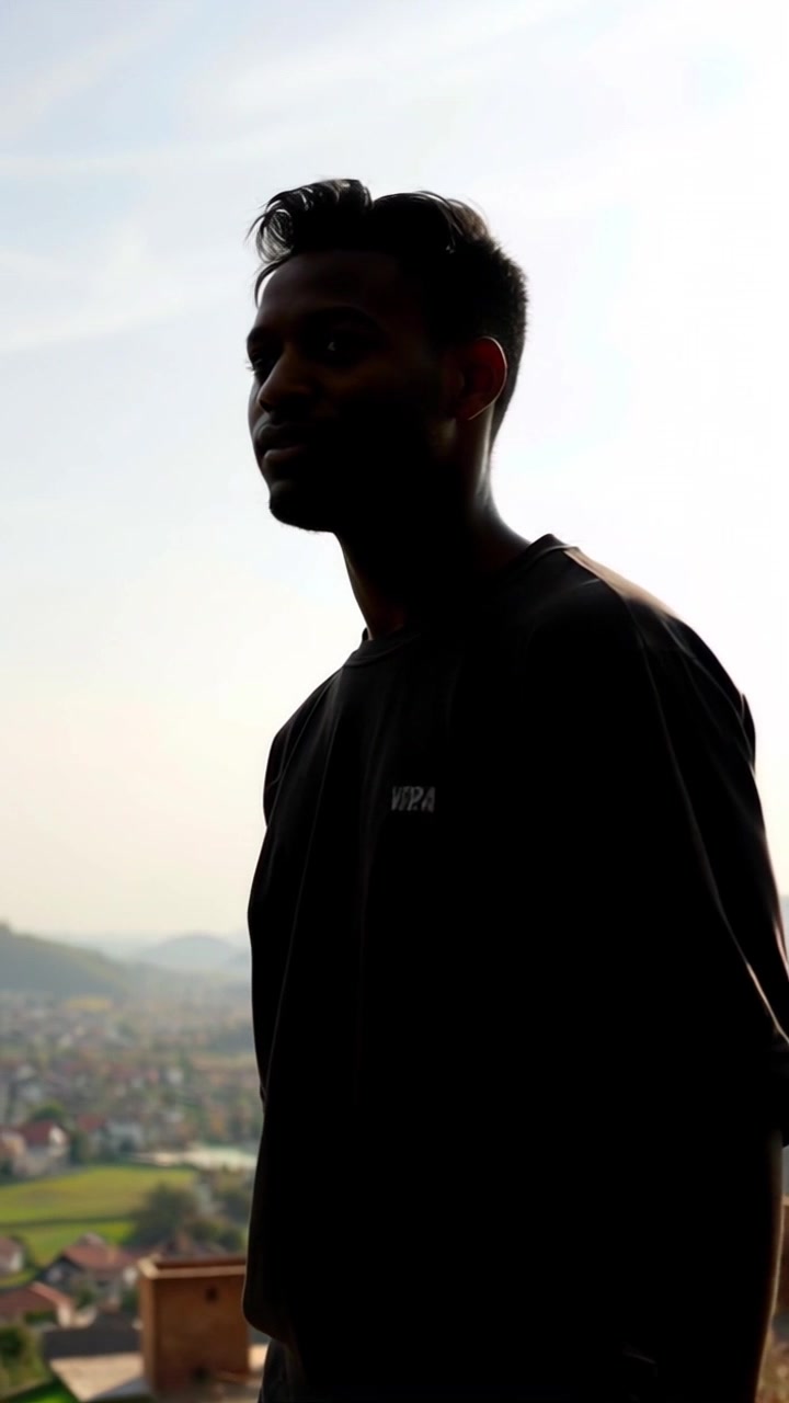 Subject: A figure standing on a hilltop. Subject movement: The figure stands firmly, radiating enthusiasm as they gaze over the valley below. Scene: A picturesque hilltop overlooking a quaint village, with lush greenery and rustic houses dotting the landscape. Style: Warm morning light spilling over the horizon, creating a vibrant atmosphere. Motion: A slow push-in from an aerial view, gradually descending to a close-up of the figure, capturing the determination in their expression as they survey their surroundings.