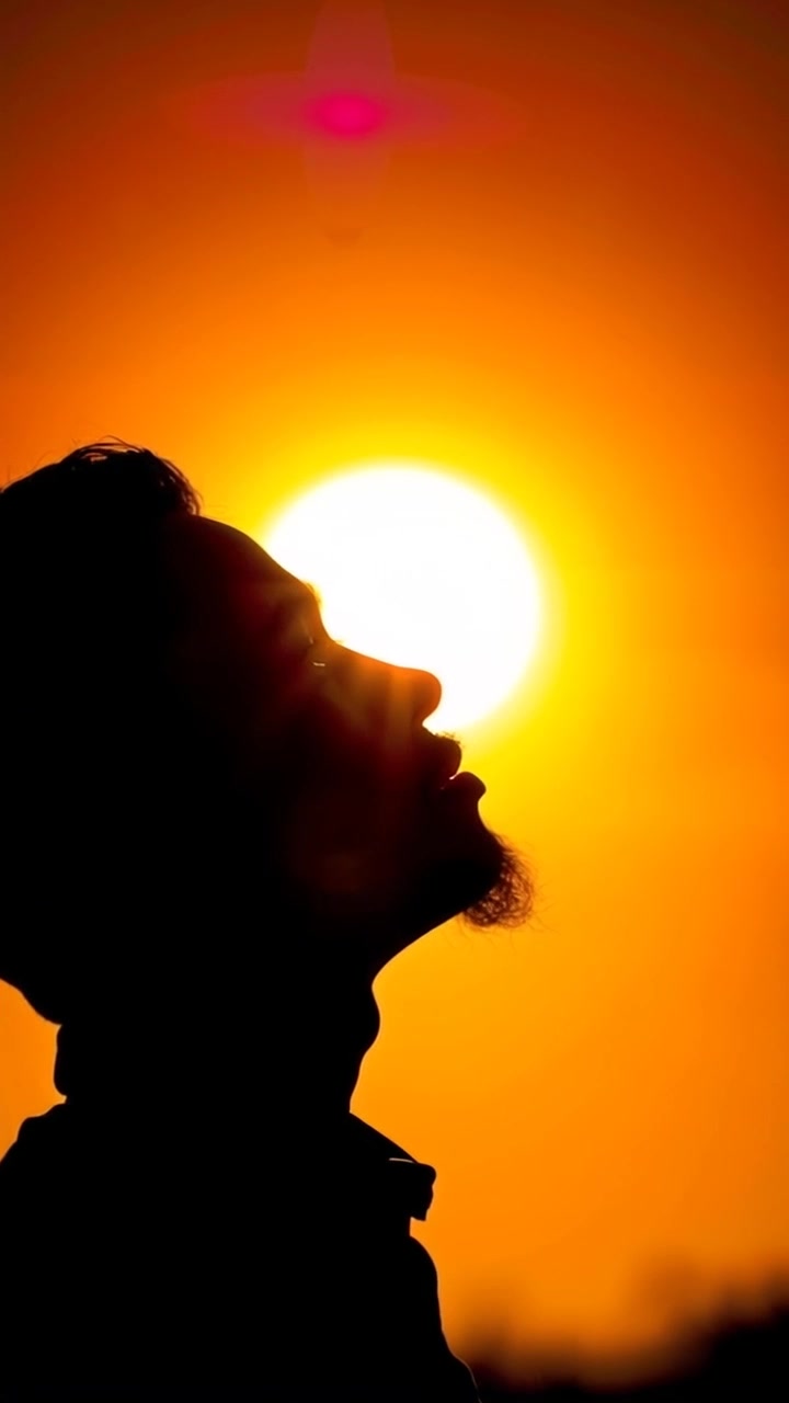 Subject: A person gazing thoughtfully at a vibrant sunset, embodying a moment of reflection. Subject movement: The individual remains still, absorbing the beauty around them. Scene: A scenic landscape with a breathtaking sunset casting warm, golden hues across the sky, silhouetting the figure against the colorful horizon. Style: Warm, inviting light that envelops the scene. Motion: The camera slowly zooms in to capture the serene expression on the person's face, panning gently from the sunset to their profile, conveying a sense of tranquility and introspection.