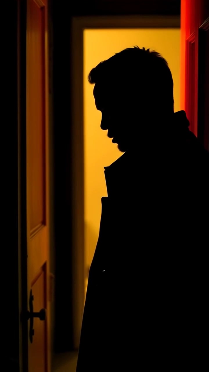 Subject: A person entering a dimly lit house, walking slowly with a cautious demeanor, showcasing a slight expression of unease. Scene: The interior of the house is shadowy, with silhouettes of furniture and a faint light coming from a nearby window. Motion: The camera performs a close-up tracking shot, following the person's hesitant footsteps as they navigate through the entrance, with dramatic low-key lighting enhancing the tense atmosphere.